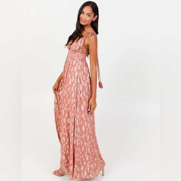 Altar'd State Pink Rose Shimmery Metallic V-Neck Sleeveless Flowy Maxi Dress - Picture 5 of 10